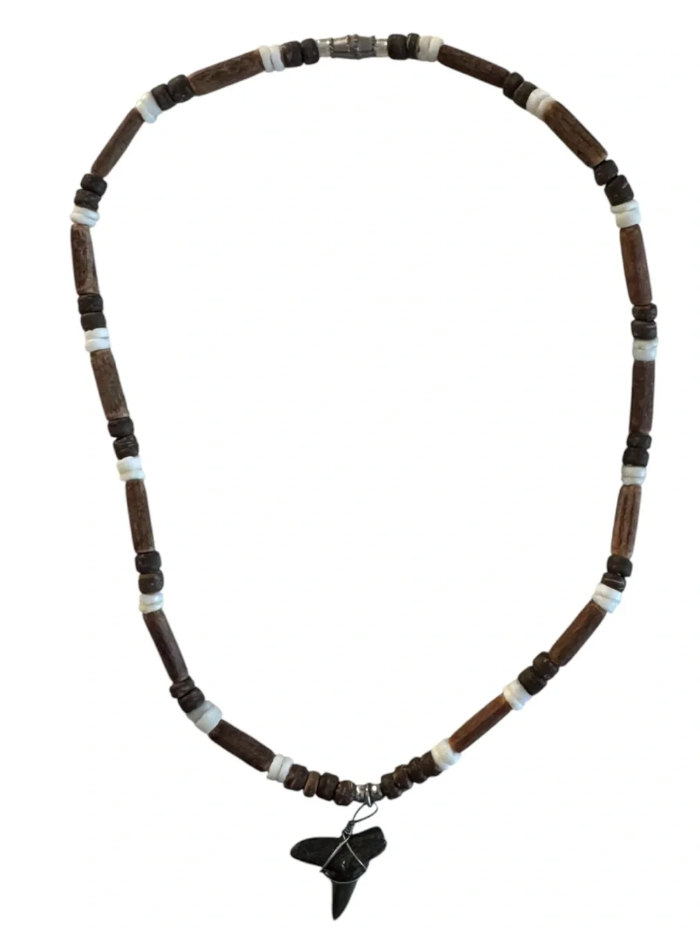 Brown and White Beaded Necklace with Shark Tooth Pendant